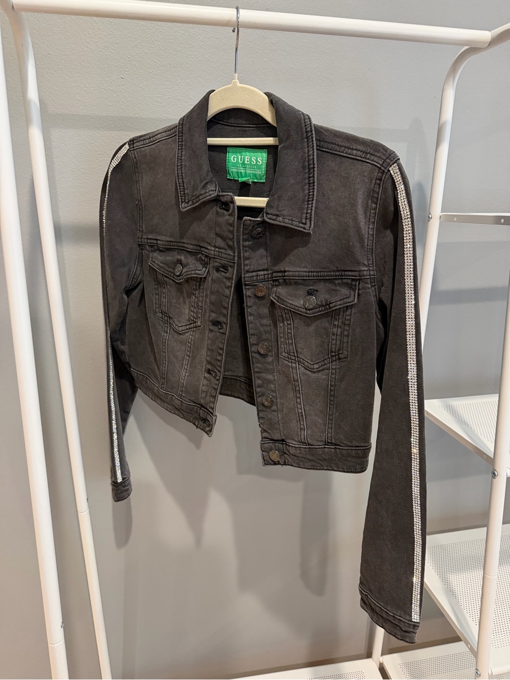 GUESS Black Cropped Denim Jacket with Rhinestone Sleeve Stripes
